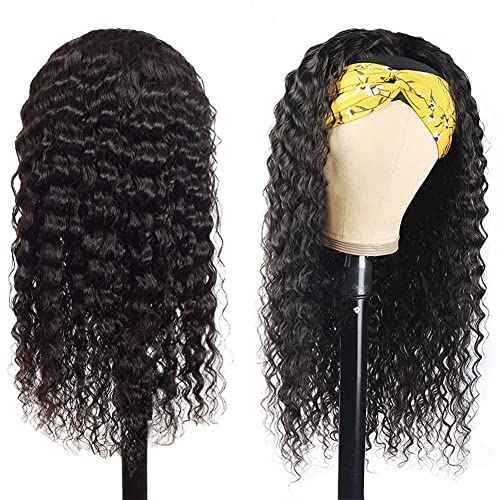 Rebasar Human Hair Headband Wig Deep Wave 18 Inch Curly Headband Wig Human Hair Wigs for Black Women Human Hair Glueless No Lace frontal Brazilian Virgin Hair Black Wear and Go Wig with Headband