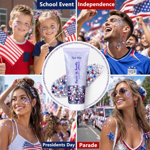 Red White Blue Patriotic Glitter Gel for Face & Body