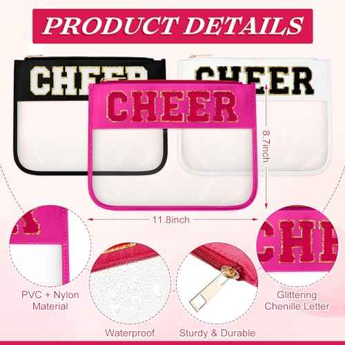 Aliceset 12 Pcs Cheer Chenille Letter Bags, Clear Makeup Cosmetic Bag for Cheerleader Gifts, Preppy Patch Zipper Pouch, Waterproof PVC Travel Toiletry Organizer Women Girls (Black, White, Hot Pink)