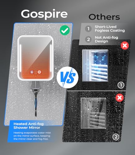 Gospire Heated Fogless Shower Mirror with LED Light & 5000mAh Battery