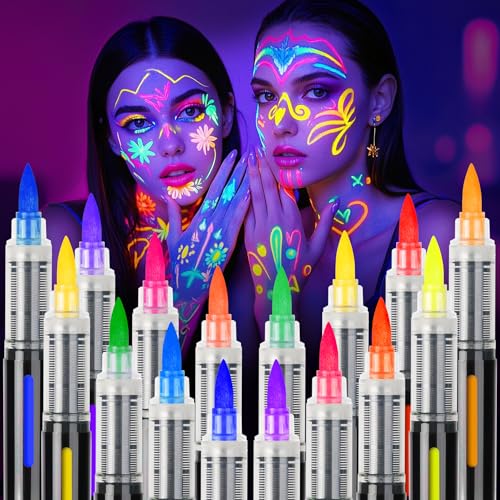 ThEast 16 Color UV Neon Face Paint Markers Glow in Dark Body Paint for Parties