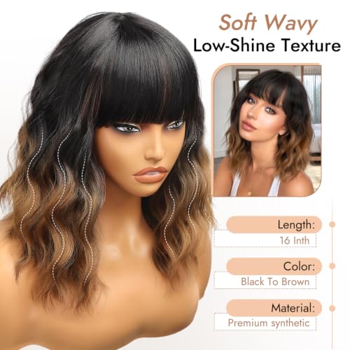 Nnzes Short Wavy Wig with Bangs for Women, Shoulder Length, Curly Synthetic Hair, Black to Brown Ombre, Heat Resistant