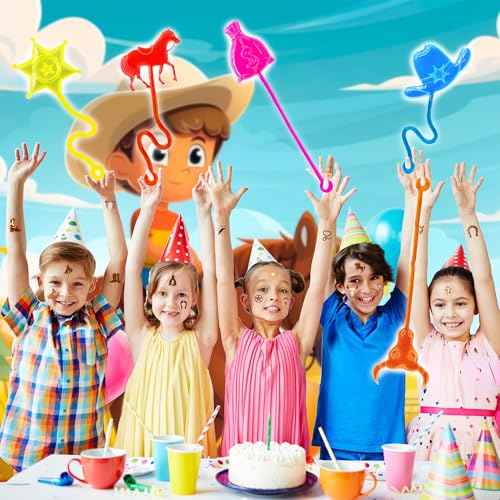 48PCS Cowboy Party Favors - 24PCS Cowboy Temporary Tattoos & 24PCS Cowboy Stick Hands - Perfect Birthday Favors, Goodie Bag Stuffers, Treasure Box Toys, Classroom Prizes, and Student Gifts
