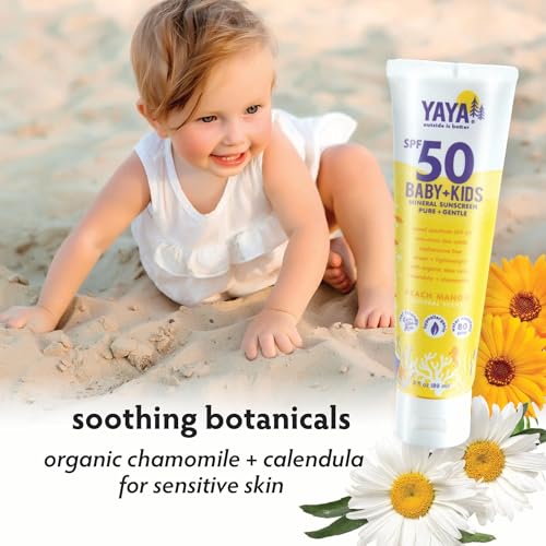 YAYA ORGANICS Baby + Kids Mineral Sunscreen Lotion, SPF 50, Reef-Friendly, Non-Nano Zinc Oxide, Water-Resistant, Hypoallergenic, Pure + Gentle for delicate skin, 3 oz