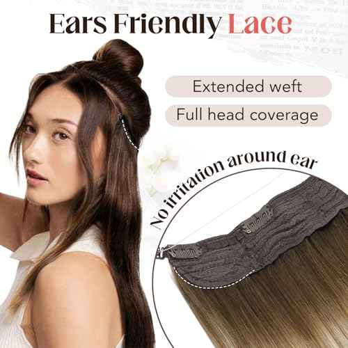 XDhair Wire Hair Extensions 70g 16 Inch Hairpiece Balayage Blonde Real Human Hair Extensions with Invisible Secret Fish Wire,Walnut Brown to Ash Brown and Blonde #3/8/22 16 Inch