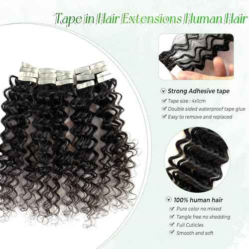 Tape in Hair Extensions Human Hair Deep Wave 26 Inch Black Hair Extensions Real Remy Human Hair Curly Tape ins for Black Women,20pcs Double Sided Invisible Tape Hair Extension 50g/pack