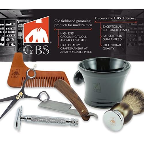 G.B.S Shaving Set, Long Handle Non-slip Knurled Razor Stand Shaving Brush, Shaving Bowl with G.B.S Natural Soap, 5 Blades