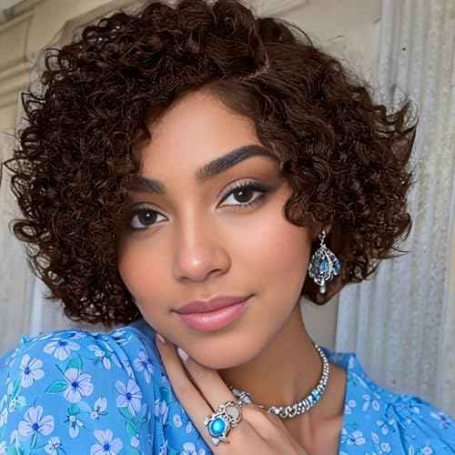 Short Curly Pixie Cut Wig Human Hair Chocolate Brown 5X5 Glueless Wigs Human Hair Pre Plucked Pre Cut Brazilian Brown Pixie Wigs for Black Women 8 Inch