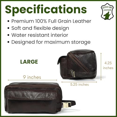 Coyote Bay¢ç Flypouch Premium Full Grain Soft Leather Toiletry Bag, Large 9 Inch, Makeup Bag, Travel Organizer Pouch, Shaving Kit, Cosmetics Toiletry Bathroom Organizer (Brown, Large)