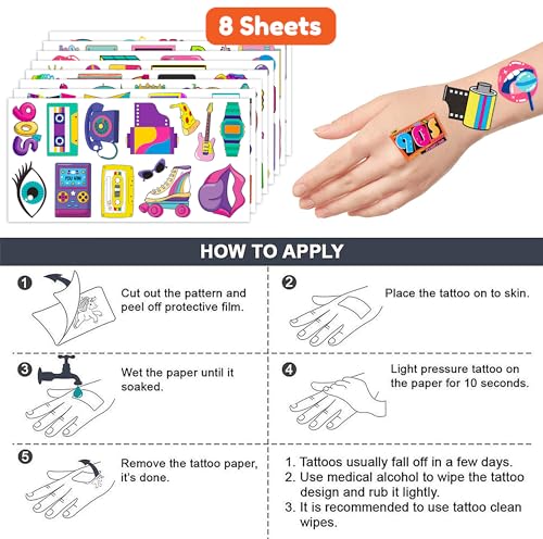 96 PCS 80s 90s Retro Temporary Tattoos - Waterproof