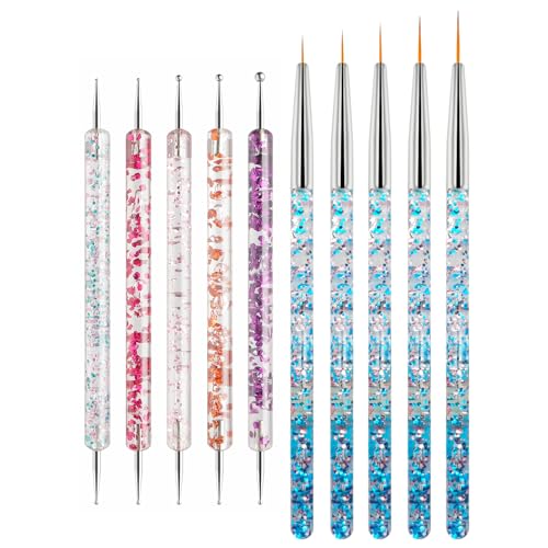 Nail Art Tool Set with 5 Double-Ended Dotting Pens & 5 Nail Liner Brushes