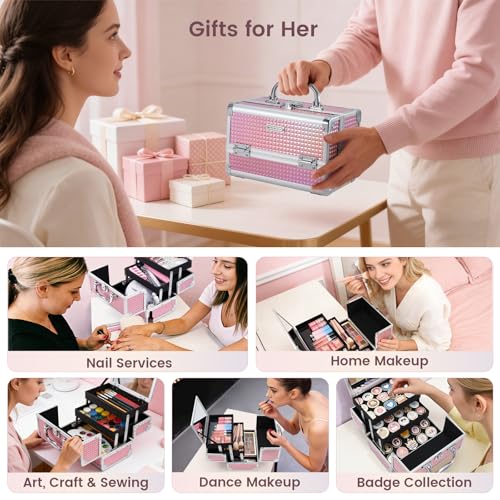 Shiny Pink Makeup Train Case with Mirror & Lock | 9x6x6