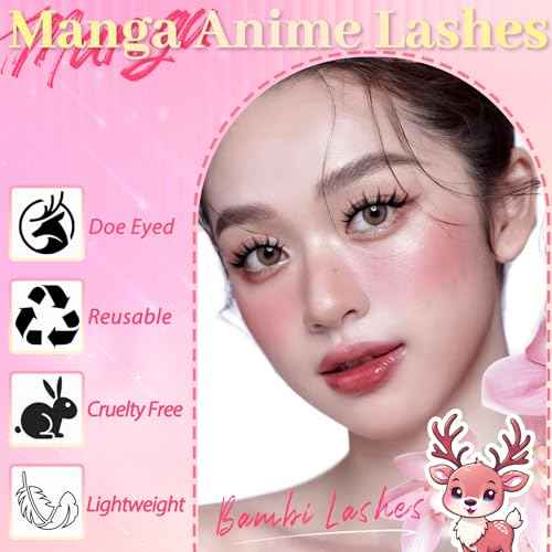 Ahrikiss Lashes Spiky Manga Lashes Anime False Eyelashes 8 Pairs Faux Mink Lashes Cosplay Thick Fake Eyelashes Soft Strip Lashes 8-16mm Wispy Fake Lashes Natural Look (Doll)