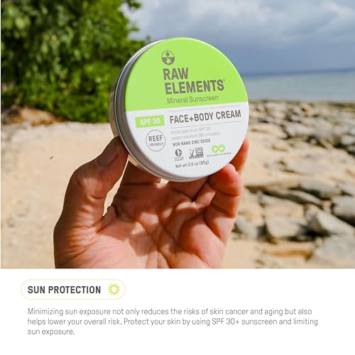 Raw Elements Face and Body Mineral Sunscreen SPF 30 Tin, Organic Sunblock Daily Protection, Non Toxic Reef Safe, Water Resistant, Cruelty Free, Plastic Free, 3 oz (Pack of 1)