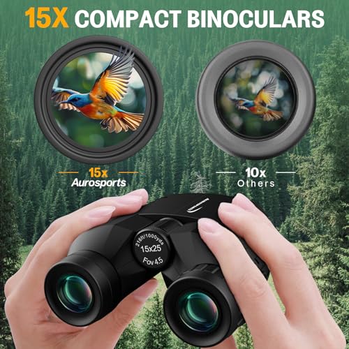 Aurosports 15x25 Compact Binoculars for Adult Kids - High Power Binoculars for Bird Watching - Easy Focus Small Binocular with Low Light Vision for Travel, Camping, Concert, Hiking