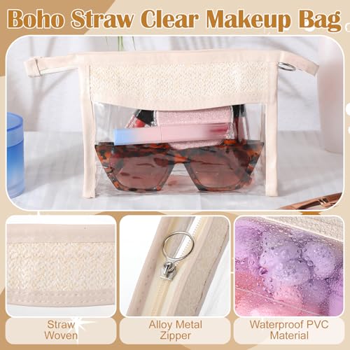 Kacctyen 10 Pcs Boho Clear Beach Bag Makeup Pouch Waterproof Sunscreen Cosmetic Bag with Zipper for Bridesmaid Gifts Wedding Party Favors Beach Vacation (Khaki)