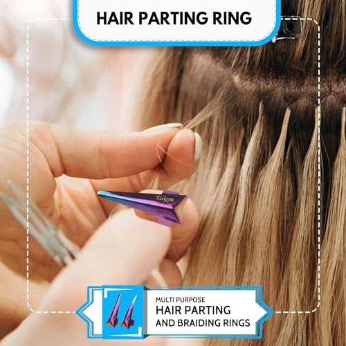 Beauty & Crafts 2PC Pro Hair Parting & Sectioning Rings-Stainless Steel Finger Tool for Precise Hair Styling and Extension Installations - Inculde Straight &Curved Ring with Box (Multi Rainbow)