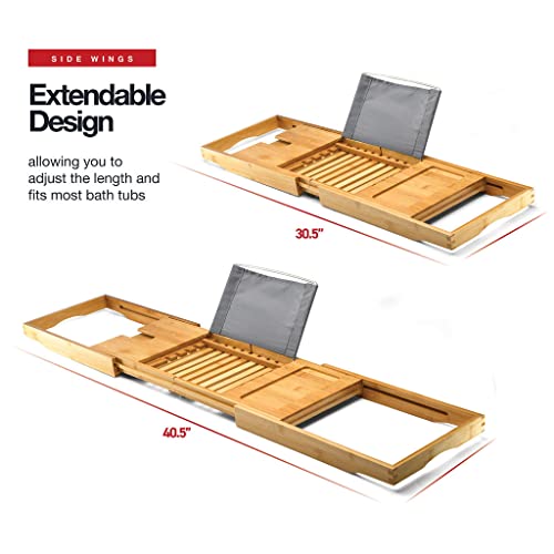 Bamboo Bathtub Caddy Tray - Expandable Bath Tray for Tub