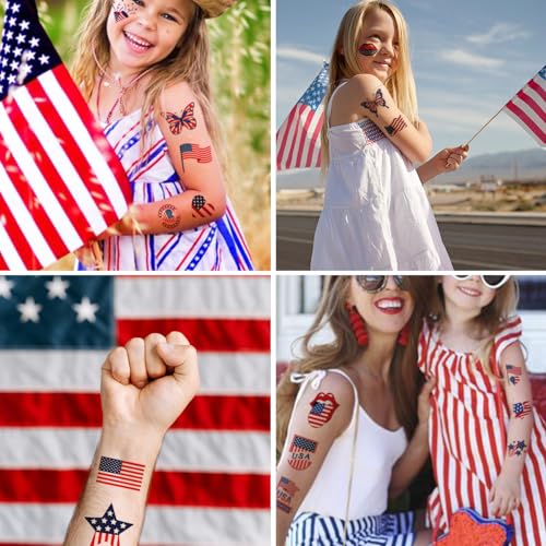 4th of July Temporary Tattoos - 148 Individually Sheets American Flag Tattoos for Kids Women Men Independence Day Party Decorations and USA Party Favors