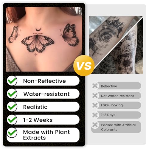 Semi Permanent Tattoos, 2 Sheets Realistic Temporary Tattoos for Women, Fake Tattoo for Ankle Arm Waist, Waterproof No Reflective, Lasts 2 Weeks (Hummingbird floral & Feather Flower Designs)