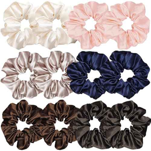 12 Pcs Satin Silk Hair Scrunchies Soft Hair Ties Fashion Hair Bands Hair Bow Ropes Hair Elastic Bracelet Ponytail Holders Hair Accessories for Women Girls (Assorted Multi-color Pair)
