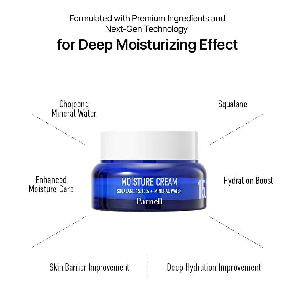 Parnell Squalane 15.13 Mineral Water Moisture Cream, K-Beauty Deep Hydrating Face Moisturizer for Dry, Sensitive Skin (1.69 fl. oz / 50ml)