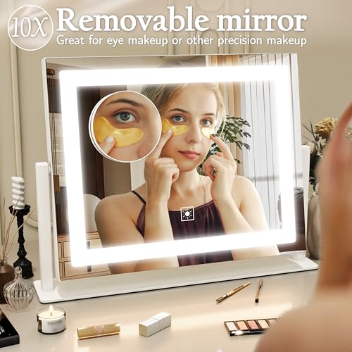 ROLOVE 16x12 Inch Vanity Mirror with Lights, Lighted Makeup Mirror with 10X Magnification, Smart Touch 3 Colors Dimmable, Dresser Mount, Bathroom (White)