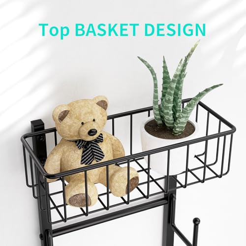 Over Door Hat Rack with 6 Hooks & Basket - Holds 32+ Caps