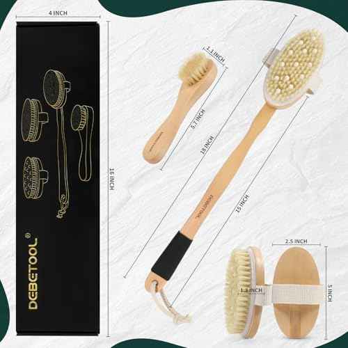 Dry Brush Set for Body & Face - Dry Brushing Body Brush with Long Handle & 3 Replacement Heads (Soft/Medium/Firm) for Lymphatic Drainage Cellulite