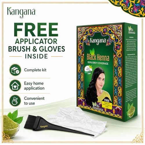 Kangana Black Henna Hair Dye - 100% Grey Coverage, 6 Pouches