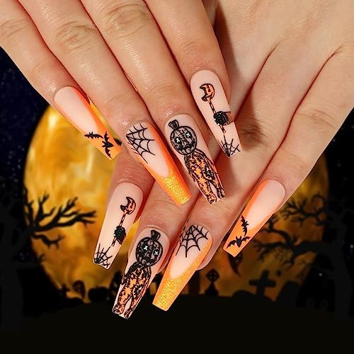 24Pcs Halloween Press on Nails Long Coffin Fake Nails Orange French Halloween False Nail Tips Sparkle Pumpkin Bat Spider Web False Nails with Designs Long Coffin Halloween Stick on Nails for Women