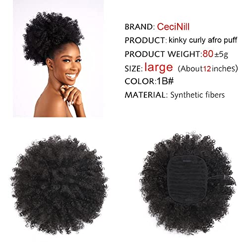 CECINILL Afro Puff kinky curly Drawstring Ponytail Extension for Women Synthetic Short Afro Kinkys Curly Afro Bun Extension Hairpieces Updo Hair Extensions with Two Clips(1B)