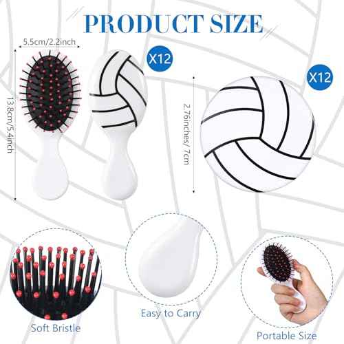 24 Pcs Volleyball Gifts for Team Bulk Include 12 Volleyball Air Cushion Hair Brush and 12 2.76 Inch Compact Mirror Round Makeup Mirror for Girl Player