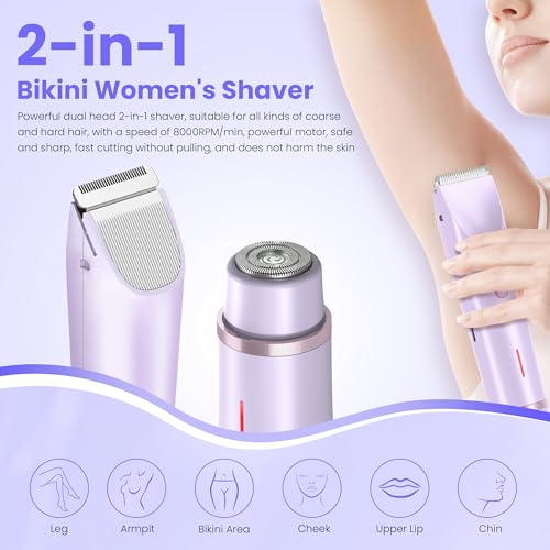 Bikini Trimmer for Women-2 in 1 Dual Head Electric Razors,IPX7 Waterproof Bikini Electric Shaver,Dry & Wet Use Painless Bikini Shaver,Pubic Hair Trimmer for Private Area & Body Hair,Purple