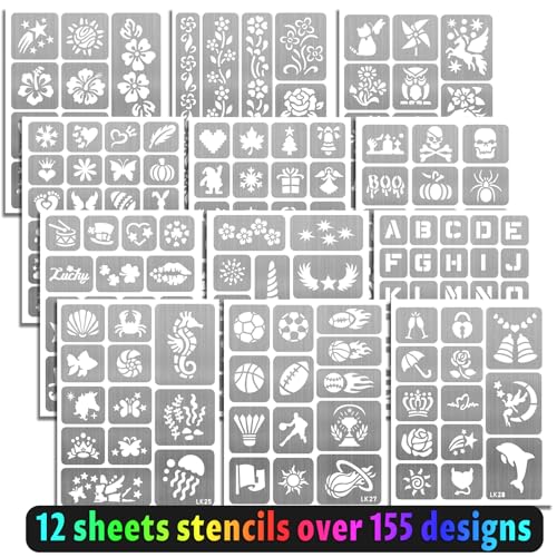 Temporary Tattoo Markers with 155 Stencil Designs, 12 Metallic Colors