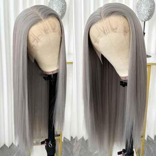 Long Gray Synthetic Lace Front Wigs Glueless Pre Plucked Heat Resistant Fiber Hair Straight Lace Front Wigs for Black Women 13 * 6 Frontal Lace Wigs