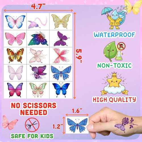 Glitter Butterfly Temporary Tattoos | Butterfly Themed Birthday Party Decorations Party Favors Supplies Accessories Stickers Gift Idea For Kids Boy Girl Teen Adult 60Pcs 4 Sheets Pre-cut