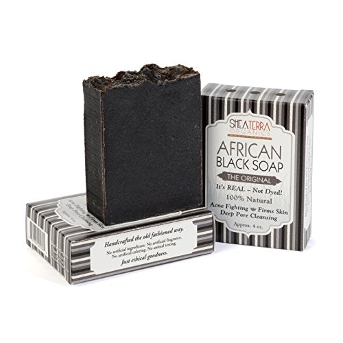 Shea Terra Organics Authentic African Black Soap Bar| Non Toxic All Natural Black Soap Full Body Wash that Cleanse, Refine, Firm Skin, Remove Acne and Wrinkles, and Manage Psoriasis and Eczema– 4 oz