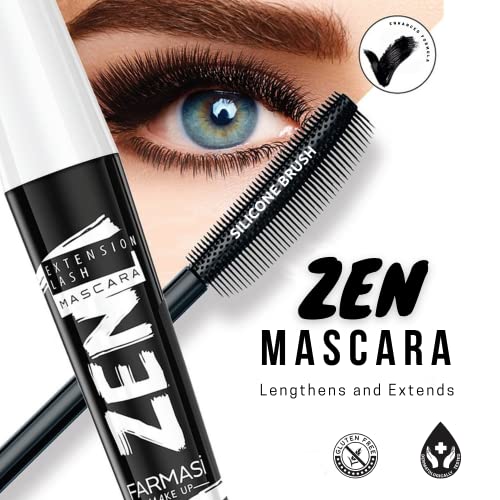 FARMASi Zen Extension Lash Mascara, Lengthening & Volumizing Effect, Clump-Free Definition, Smudge-Free Wear, Silicone Brush for Separated Fuller-Looking Lashes, Blackest Black, 0.27 fl oz