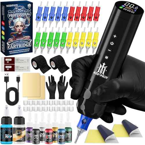 Tattoo Machine Kit OLED tilted screen Direct drive motor 1500mAh battery Fast charge and memory function 20tattoo needles 7colors ink, blue soap transfer gel of complete kit for tattoo artists