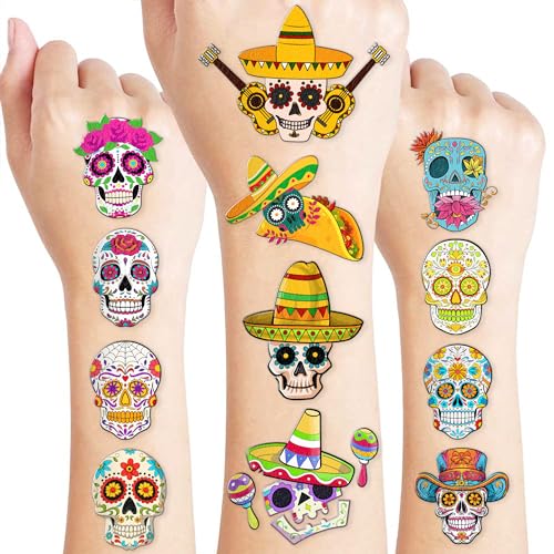 Skull Temporary Tattoos Fiesta Sugar Skull Party Decorations Favors Supplies Mexican Themed Cute Stickers 10 Sheets 100 PCS Gifts for Baby Girls Boys Class School Carnival