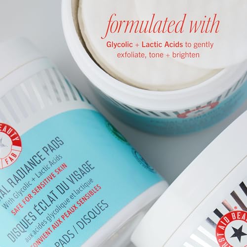 First Aid Beauty - Facial Radiance Pads with Glycolic & Lactic Acids, Daily Exfoliating Pads with AHA, Visibly Smaller Pores, Help Tone & Brighten Skin, One-Step Makeup Prep, Compostable, 60, 2ct