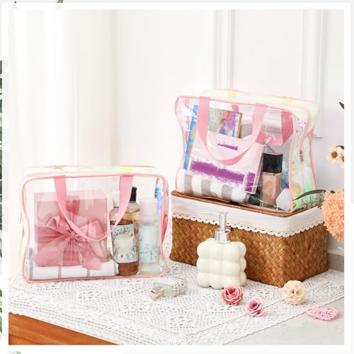 Sweetude 10 Pcs Large Clear Toiletry Bag Large Capacity Travel Iridescent Makeup Bag PVC Clear Plastic Tote Punch Cosmetic Clothes Organizer for Women Men(Pink)