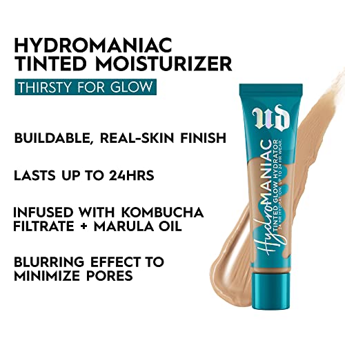 Urban Decay Hydromaniac Dewy Foundation, Hydrating Tinted Moisturizer for Dry Skin, Buildable Medium Coverage, with Kombucha Filtrate & Marula Oil, Non-comedogenic, Vegan, Cruelty-free - 1.1 fl oz