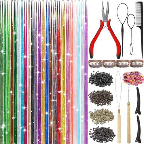 Hair Tinsel 24 Colors 7800 Strands Hair Tinsel Kit with Tools 48 Inch Glitter Tinsel Hair Extensions Festive Party Fairy Hair Tinsel Kit for Women Girls Hair Accessories