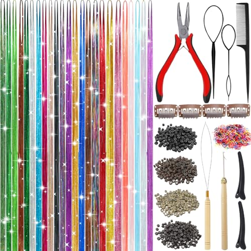 Hair Tinsel Kit - 24 Colors, 9800 Strands, 48 Inch Extensions