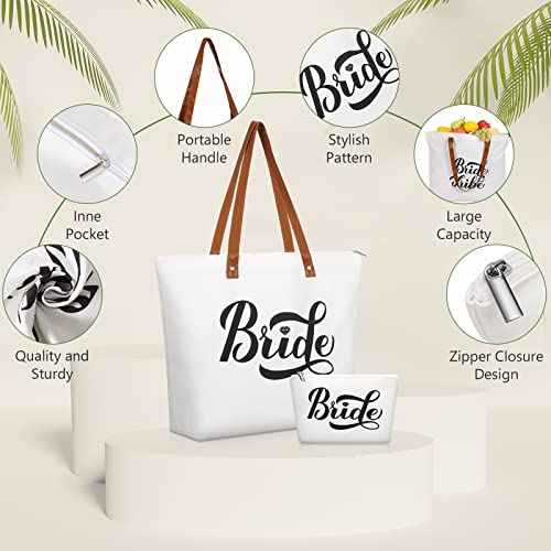 Hillban 14 Pcs Bridesmaid Canvas Bride Tote Bag and Makeup Bag Large Wedding Bachelorette Gifts Bridal Shower Gifts(Classic Style)