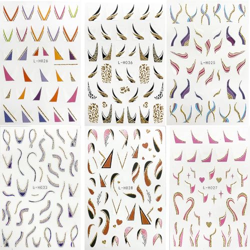 6 Sheets French Tip Nail Art Stickers 3D Self-Adhesive Gold Glitter Nail Decals Stripes Waves Lines Nail Design Stickers Acrylic Nail Art Supplies DIY for Women and Girls Manicure Tips