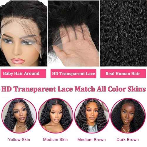 34 Inch 13x6 Deep Wave Lace Front Wigs Human Hair 10A 180% Density,HD Lace Frontal Wet and Wavy Curly Human Hair Wig for Black Women Pre Plucked with Baby Hair Natural Black