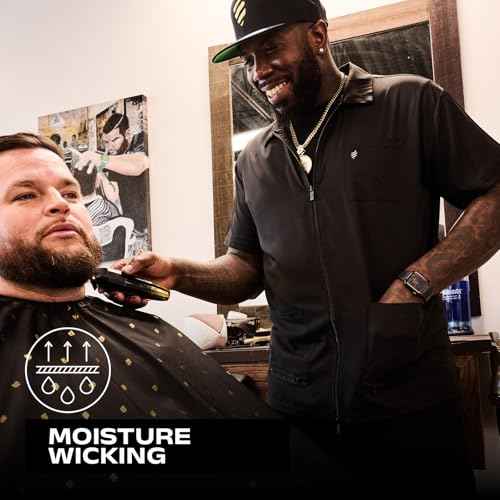 Barber Strong Barber Jacket, Men's Black, Hair Repellent, Lightweight and Breathable Vented Side Panels, Features Easy Hair Removal and 2-Way Zipper Closure, XL, Great for Pet Grooming